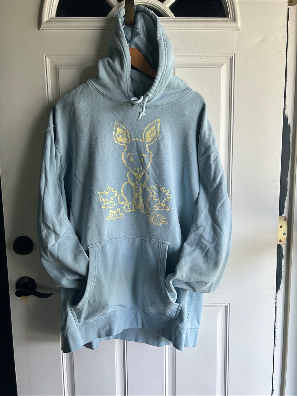 Urban Outfitters Light Blue Hoodie with Pale Yellow Kangaroo Graphic